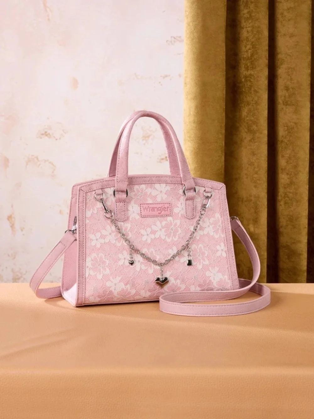 Wrangler Western Chic Lace with Chain Charm Satchel/Crossbody Bag Pink